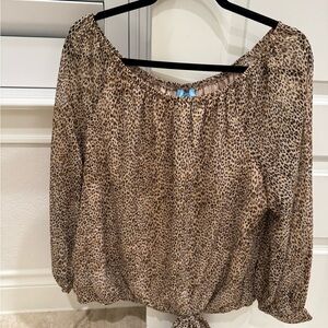 CeCe Beige Leopard Print Peasant Blouse with Front Tie
